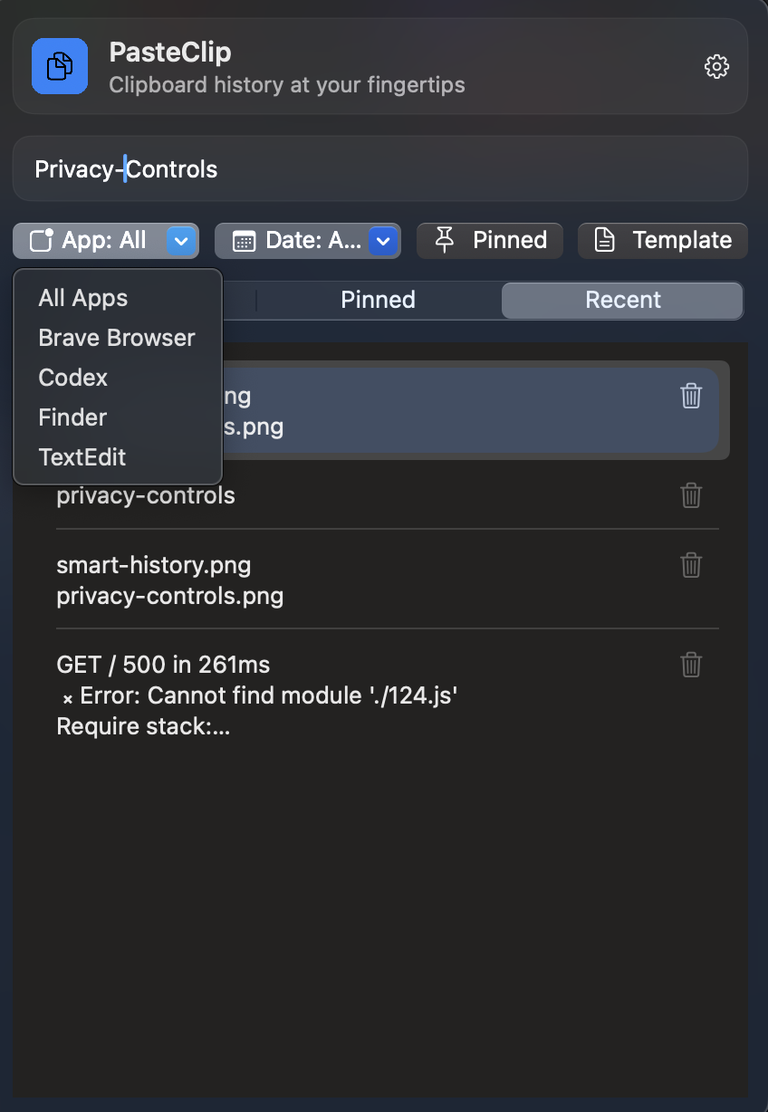 PasteClip search and filtering view with keyboard navigation highlights