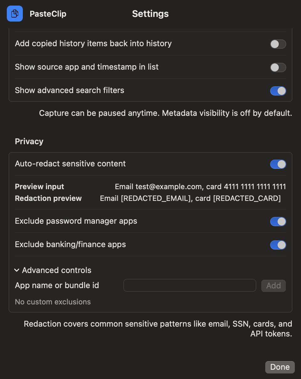 PasteClip settings showing pause capture, app exclusions, and redaction options